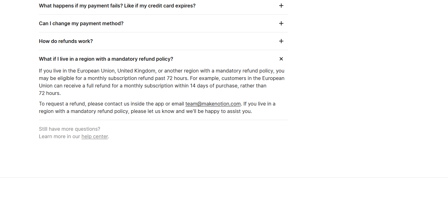 notion.com/pricing FAQ, 'How do refunds work?' expanded and captured 2026-09-17 in a real Chrome session: full amount…