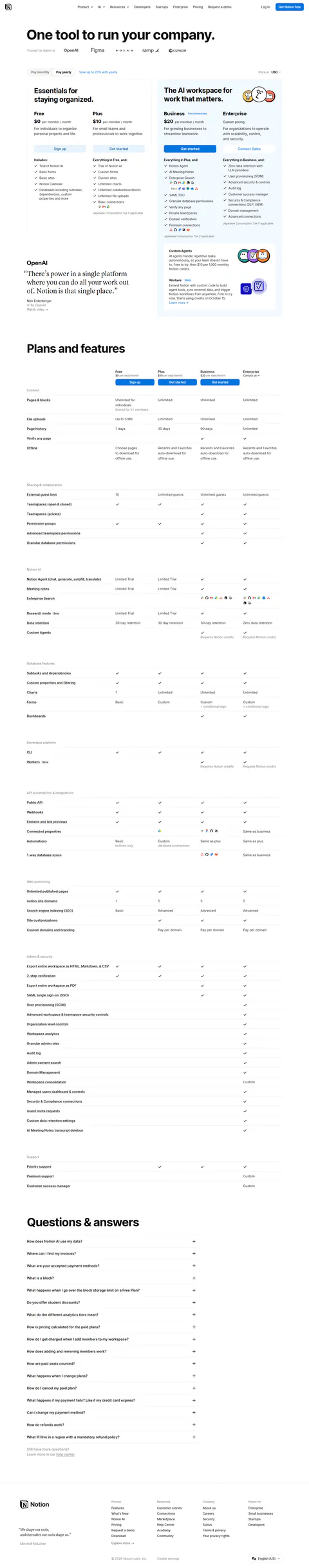notion.com/pricing USD yearly state captured 2026-09-09: Plus $10, Business $20 per member/month