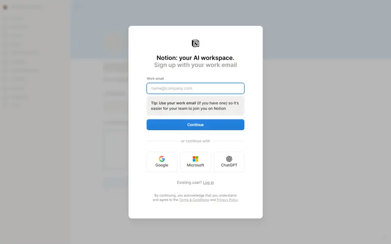 Notion signup modal reached in real Chrome: email-first form, no card field (2026-09-09)