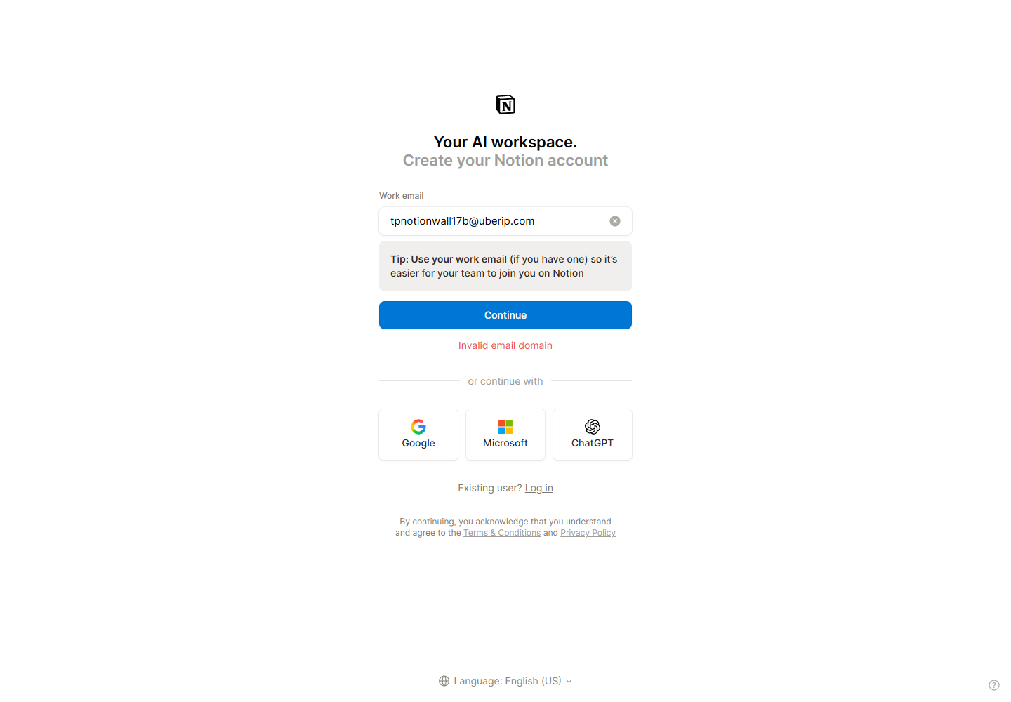 notion.com/signup on 2026-09-17 with a disposable-domain email: the form stops at the email step with the inline error “Invalid email domain”; password and CAPTCHA never render