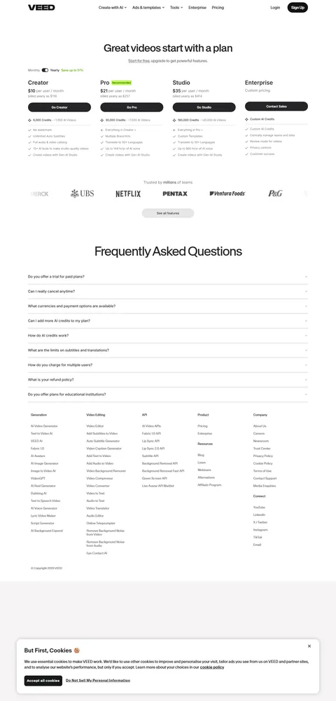 veed.io/pricing 2026-09-24 (Yearly state): Creator $10 per user/mo 'billed yearly as $116', Pro $21 as $257, Studio $35 as $414 — the yearly totals are printed on the card itself