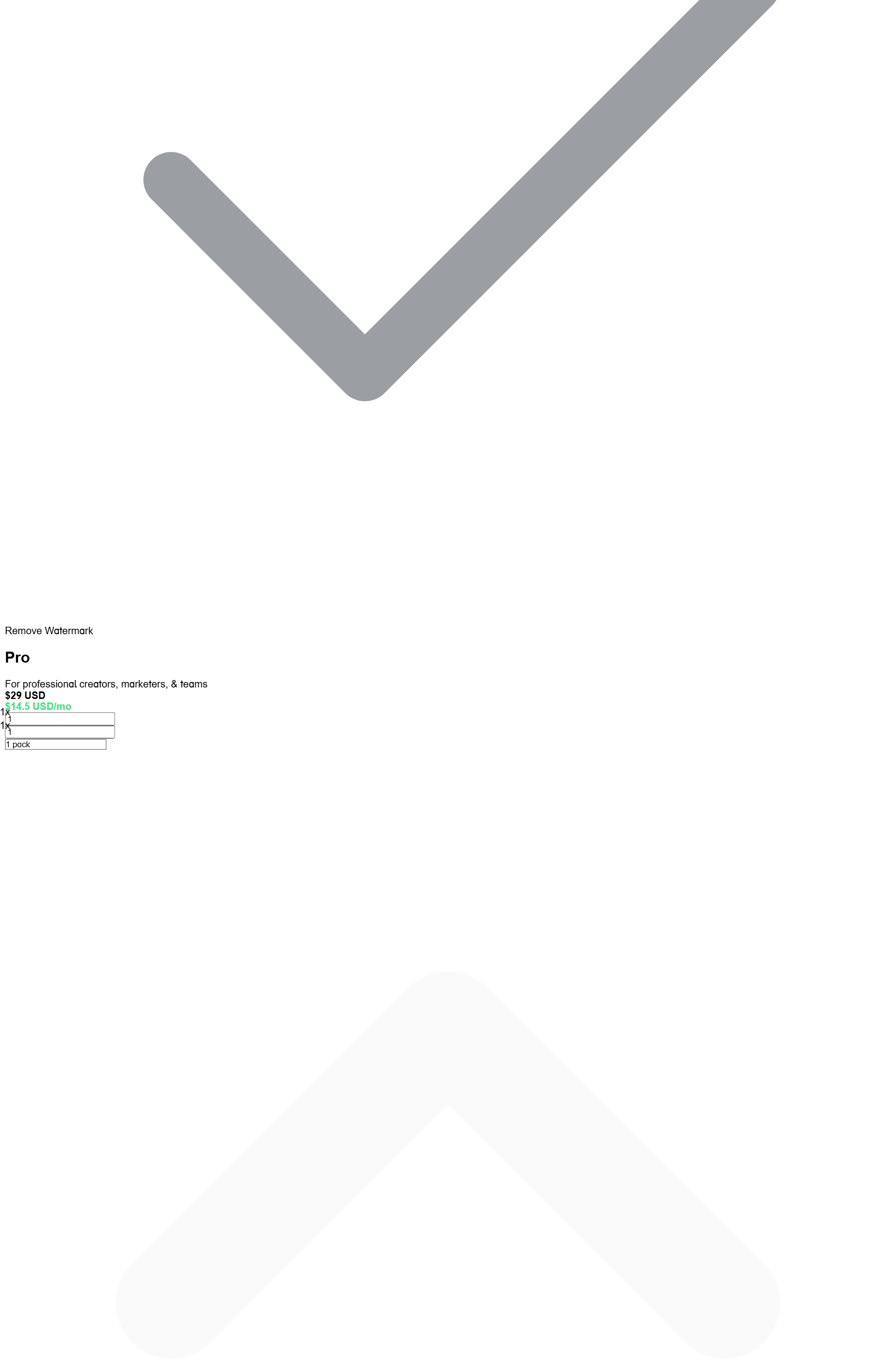 opus.pro/pricing Pro card captured 2026-09-23: the pack selector rendered options from 1 pack through 15 packs ('Contact us for more credits'), with $29 / $14.5 USD pricing — the on-page control contradicting the help center's 2-pack maximum