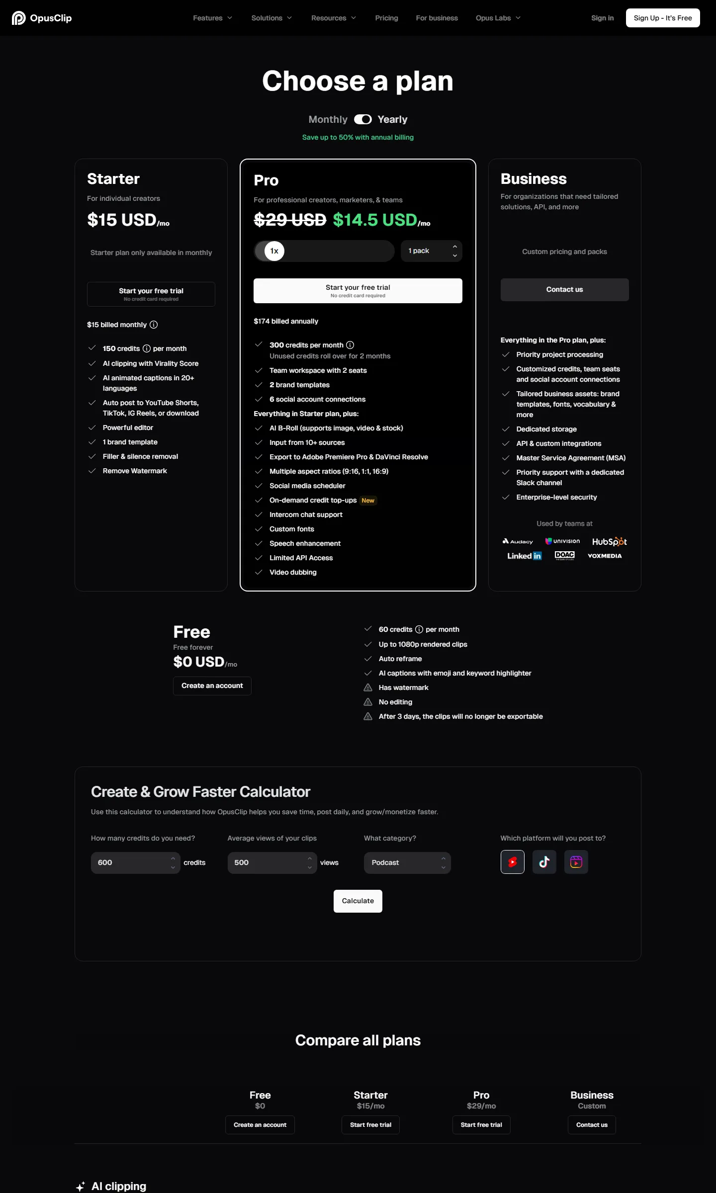 opus.pro/pricing re-check capture 2026-10-28: plan cards Free $0 / Starter $15 / Pro $29 unchanged, Free-card limits…