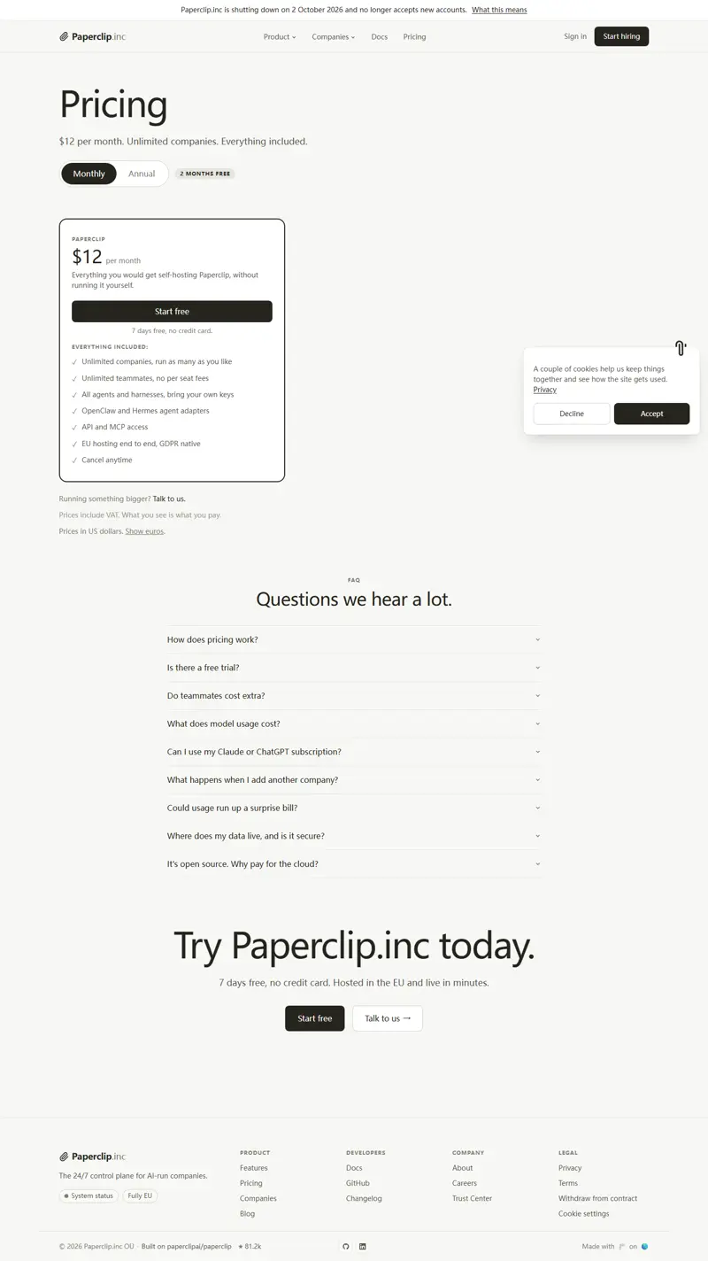 paperclip.inc/pricing captured 2026-09-21 (monthly state): shutdown banner, '$12 per month. Unlimited companies. Ever…