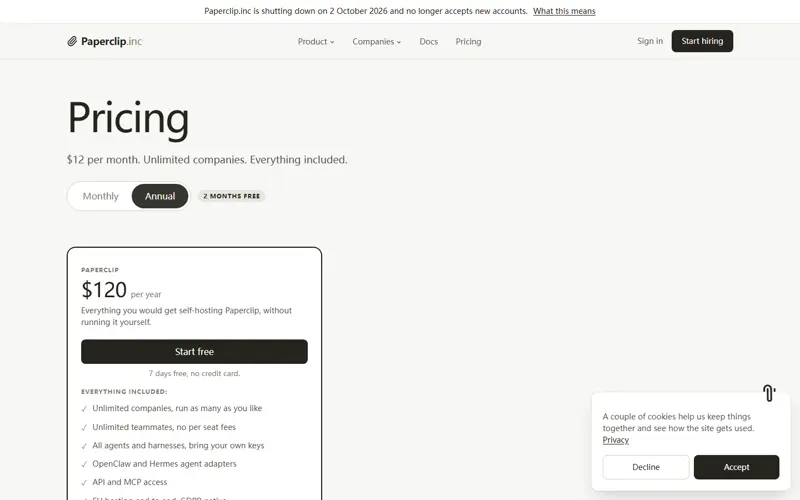 Same page after exercising the Annual billing toggle (2026-09-21): the single card re-states as '$120 per year'