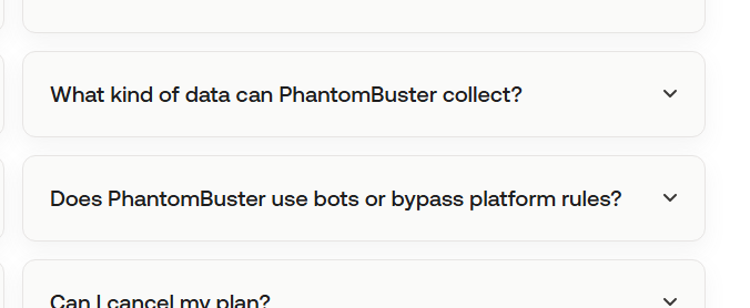 Pricing-page FAQ captured 2026-09-21: 'PhantomBuster does not use bots, fake accounts, or methods designed to bypass platform safeguards. It runs automations through your own accounts, within platform constraints, using best-practice usage patterns designed to reduce account risk.'
