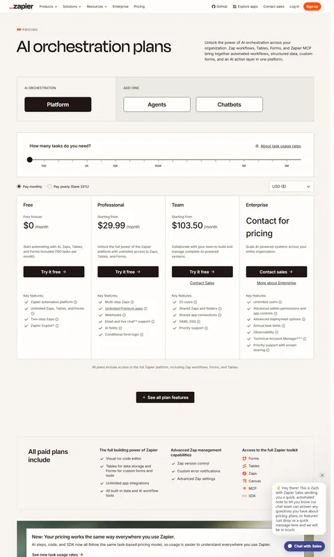 Same page after clicking the 'Pay monthly' toggle, 2026-09-22: Professional from $29.99/month and Team from $103.50/month — the undiscounted monthly figures behind Zapier's annual headline