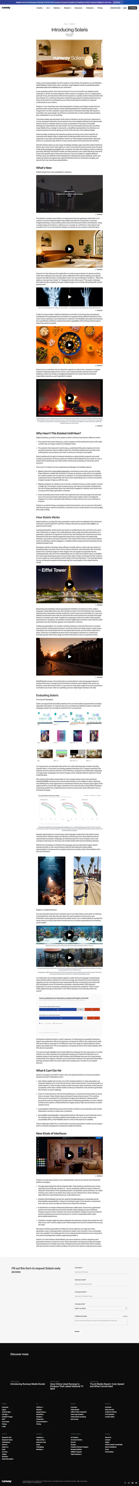 runway.com/research/introducing-runway-solaris captured 2026-09-21: announcement header (dated August 31, 2026), 'Wha…
