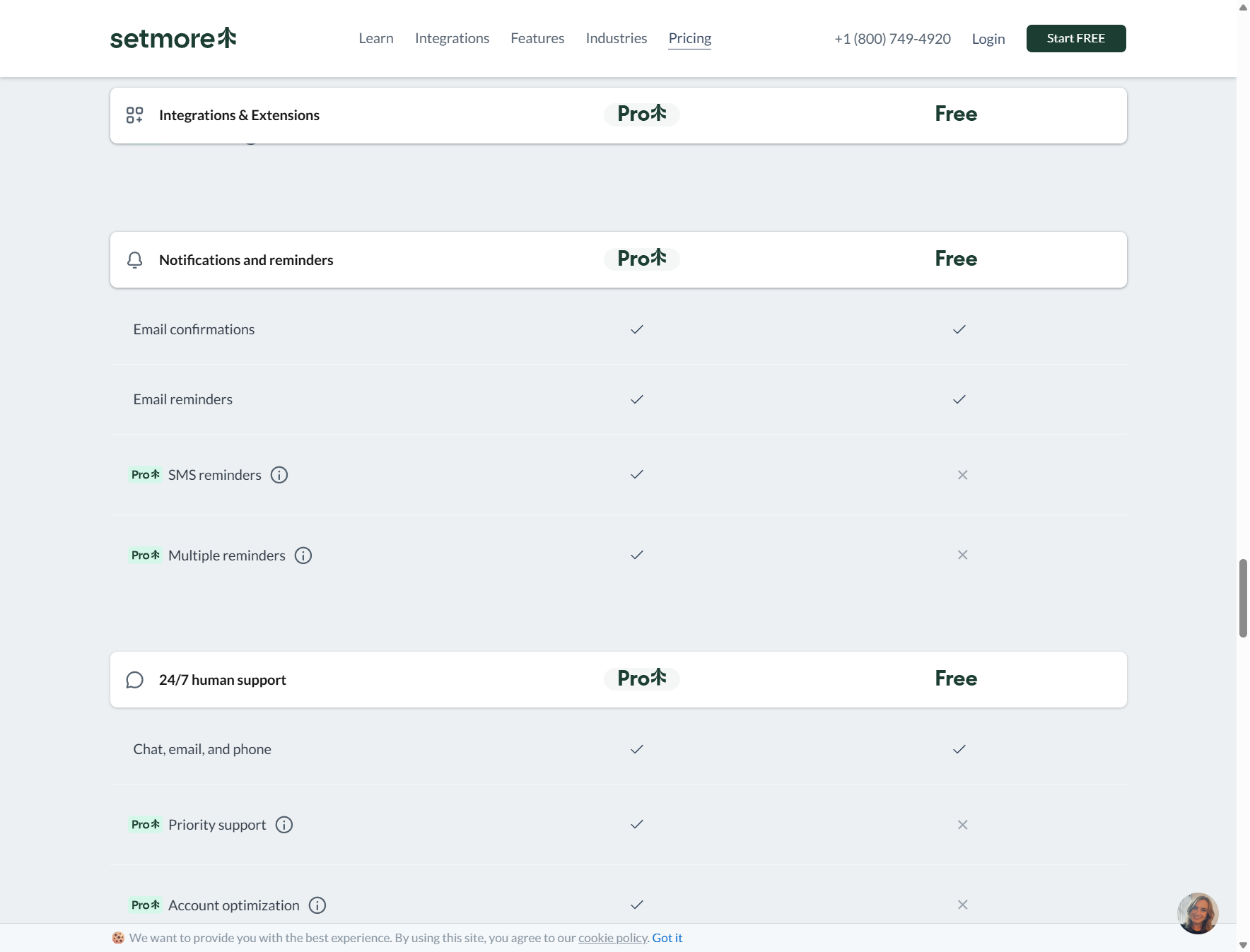 setmore.com/pricing captured 2026-10-26: the Notifications & reminders section shows SMS reminders as Pro-only (check…