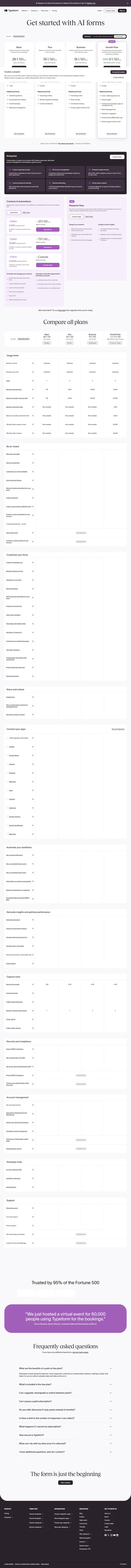 Typeform's live pricing page, 2026-08-30: lowest self-serve pricing card is Basic at 28 USD/mo — no Free card shown a…