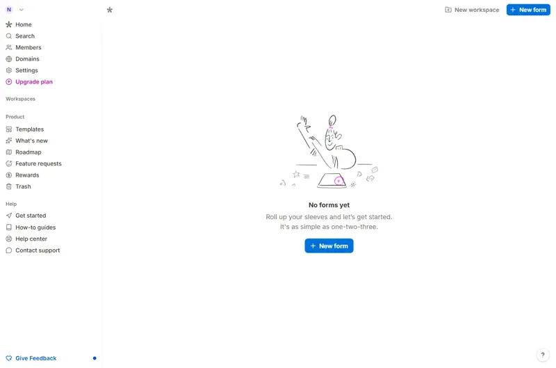 Dashboard after Google SSO login — 'New form / No forms yet'