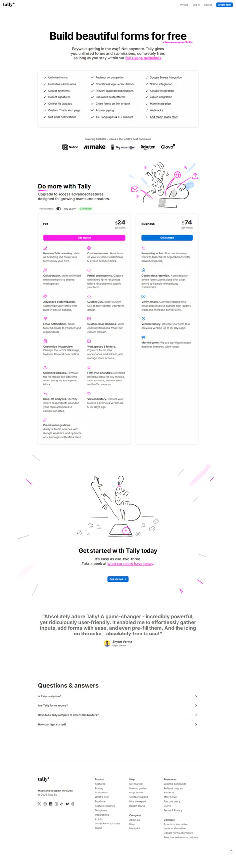 Pricing page: Pro $24/mo billed yearly, branding/custom domain/collaboration/partial submissions