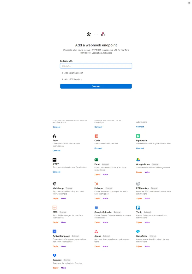 Webhooks row with Connect button (free plan)