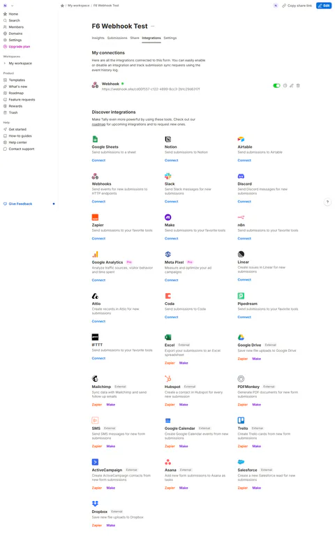 'My connections' — Webhook integration saved