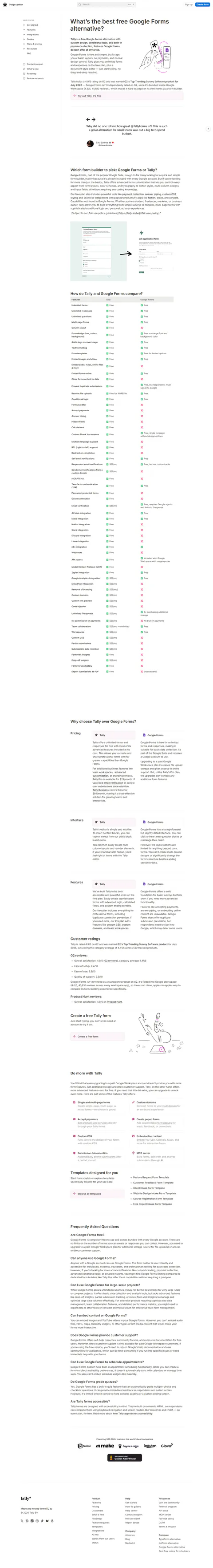 Tally's own Google Forms alternative page, captured 2026-08-30
