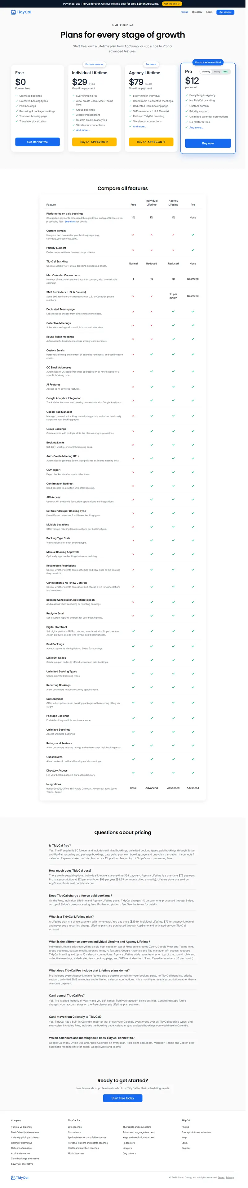 tidycal.com/pricing captured 2026-10-05 (en-US, USD): the site-wide banner 'Pay once, use TidyCal forever. Get our li…