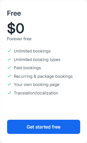 Free card, 2026-10-05: '$0 / Forever free' with eight included features including Unlimited bookings, Paid bookings and Recurring & package bookings