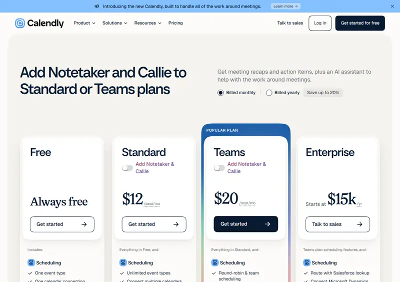Same Calendly page after clicking Billed monthly on 2026-10-12: Standard $12/seat/mo, Teams $20/seat/mo — fifth live capture, unchanged since 2026-09-02