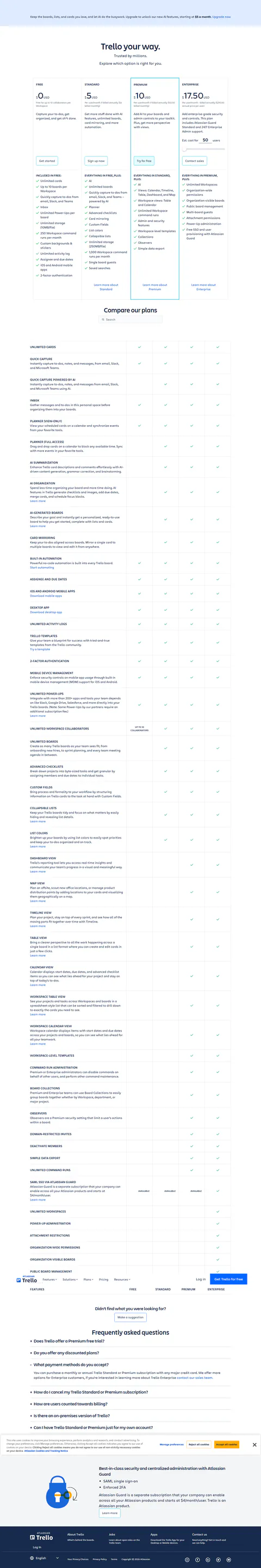 trello.com/pricing captured 2026-09-14: Free $0 for up to 10 collaborators and 10 boards per workspace with 250 autom…