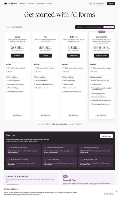typeform.com/pricing re-captured 2026-09-26 (default Yearly state): the cards now print full numbers — 28 USD/mo with "Save 132 USD/yr", 56 with "Save 276", 91 with "Save 456", Growth Flow 266 USD/mo after 14 days. The hidden-digit behavior seen on 09-14 is gone.