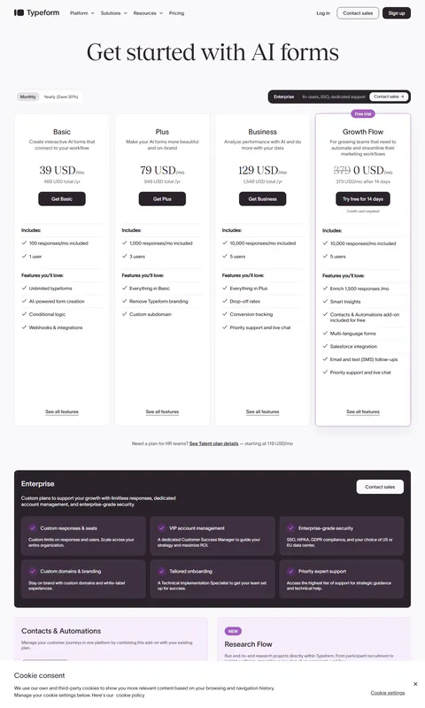 Same page after clicking the Monthly toggle (2026-09-26): 39 / 79 / 129 USD per month with 468 / 948 / 1,548 USD totals printed alongside; AI Enrich add-ons show 29 / 89 USD/mo in this state (25 / 75 in the yearly state).