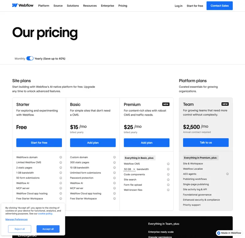 webflow.com/pricing captured 2026-10-08 in the default yearly state: Basic $15/mo and Premium $25/mo both printed wit…