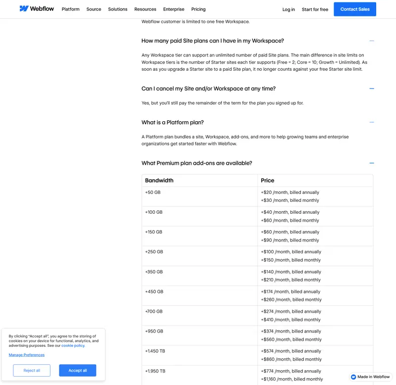 The FAQ accordion expanded programmatically (all details elements opened) on 2026-10-08, rendering the 'What Premium plan add-ons are available?' bandwidth table in the visible text layer: '+50 GB +$20 /month, billed annually', up to '+2.450 TB +$974 /month, billed annually'