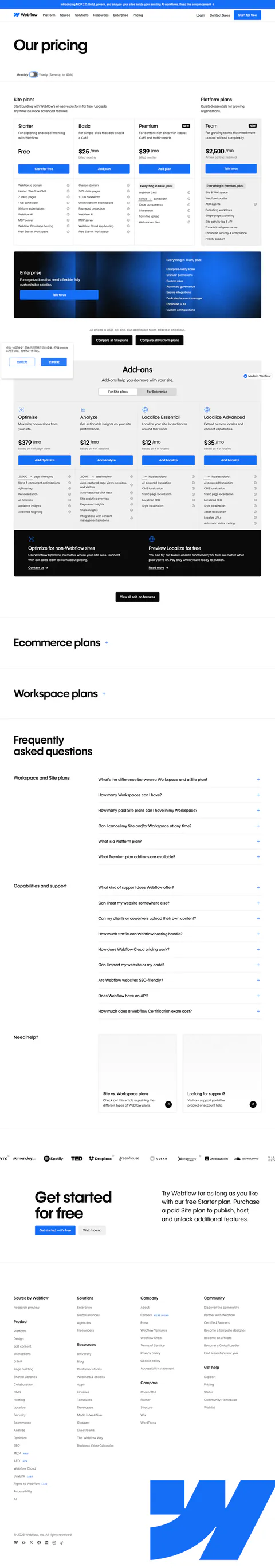 webflow.com/pricing 2026-09-12 after exercising the monthly toggle: Basic $25/mo, Premium $39/mo — the monthly uplift documented on this page