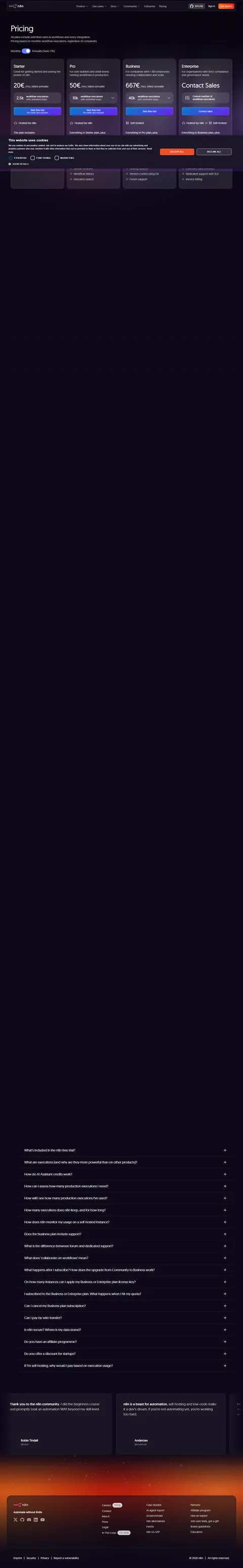 n8n.io/pricing captured 2026-09-16 in the yearly state: Starter 20€/mo for 2.5k workflow executions, no free cloud tier listed — Community Edition self-hosted is the zero-price path