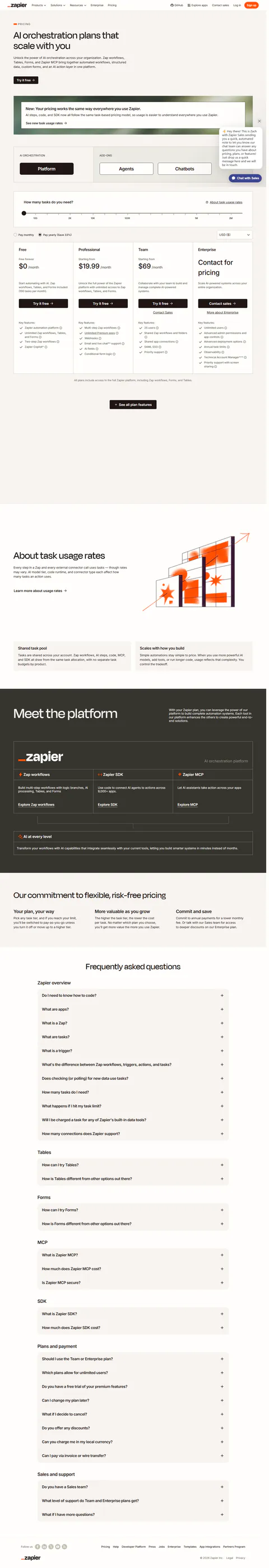 zapier.com/pricing captured 2026-09-15 in the default yearly state ('Pay yearly (Save 33%)' selected): Free $0 with '100 tasks per month', Professional starting from $19.99/mo, Team starting from $69/mo, Enterprise contact-for-pricing