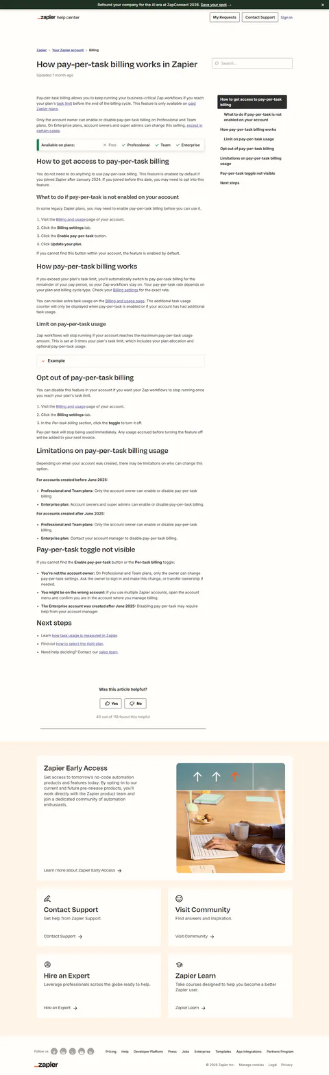 help.zapier.com 'How pay-per-task billing works in Zapier' captured 2026-09-15: exceeding the plan task limit switches the account to pay-per-task billing automatically for the remainder of the pay period; maximum usage is 3x the plan's task limit