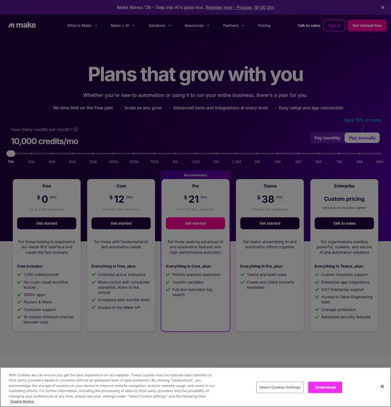 make.com/en/pricing captured 2026-10-06 (US/USD): Free $0/mo up to 1,000 credits, Core $12/mo, Pro $21/mo, Teams $38/…